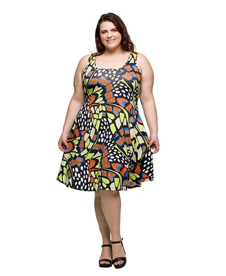 24seven Comfort Apparel Plus Print Sleeveless Knee Length Tank Swing Dress