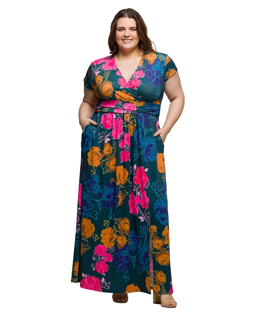 24seven Comfort Apparel Plus Cap Sleeve V-Neck Side Slit Pocket Maxi Dress