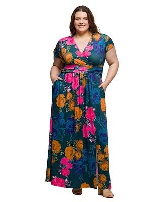 24seven Comfort Apparel Plus Cap Sleeve V-Neck Side Slit Pocket Maxi Dress