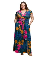 24seven Comfort Apparel Plus Cap Sleeve V-Neck Side Slit Pocket Maxi Dress