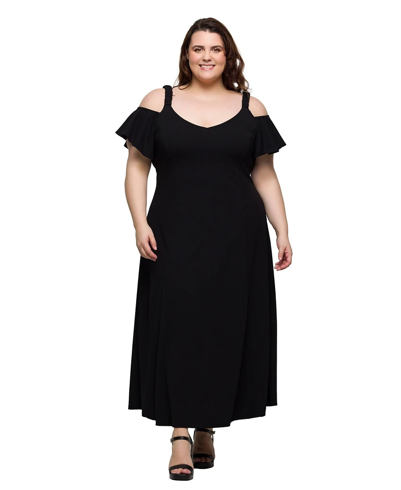 24seven Comfort Apparel Plus Cold Shoulder Ruffle Sleeve A-Line Maxi Dress