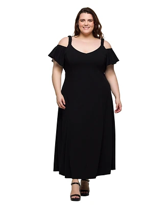 24seven Comfort Apparel Plus Cold Shoulder Ruffle Sleeve A-Line Maxi Dress