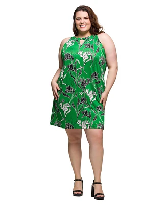 24seven Comfort Apparel Plus Knee Length Print Sleeveless Keyhole Dress
