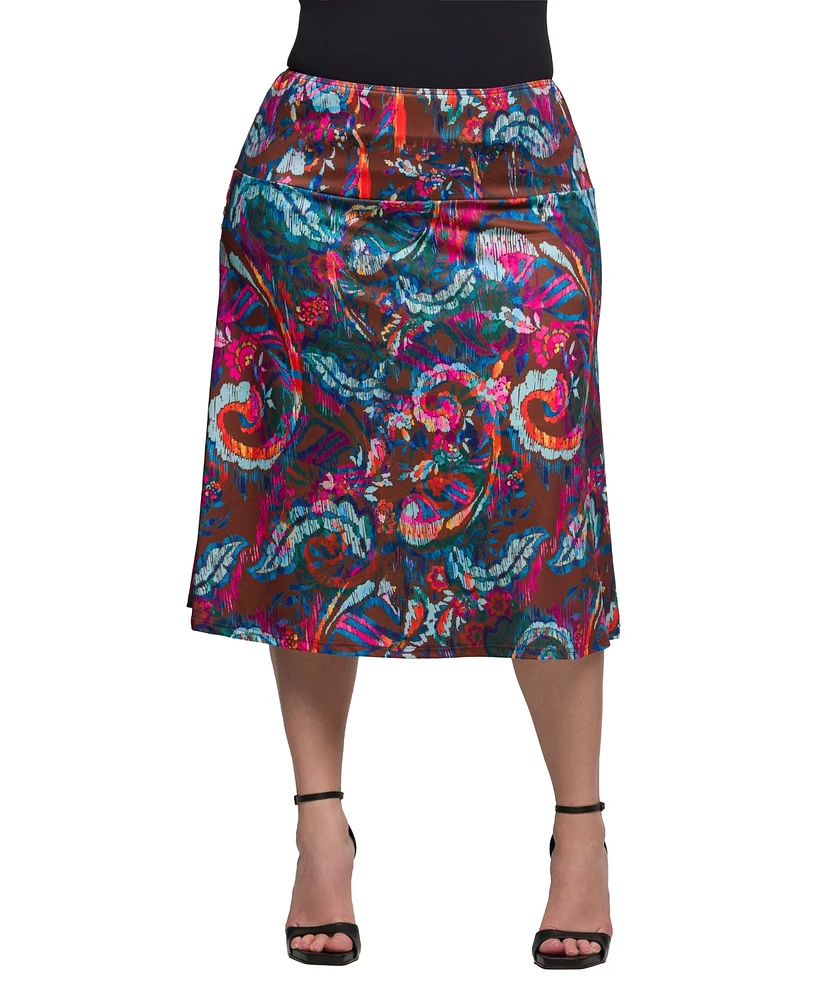 24seven Comfort Apparel Plus Print Comfortable Elastic Waist Knee Length Skirt