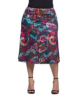24seven Comfort Apparel Plus Print Comfortable Elastic Waist Knee Length Skirt