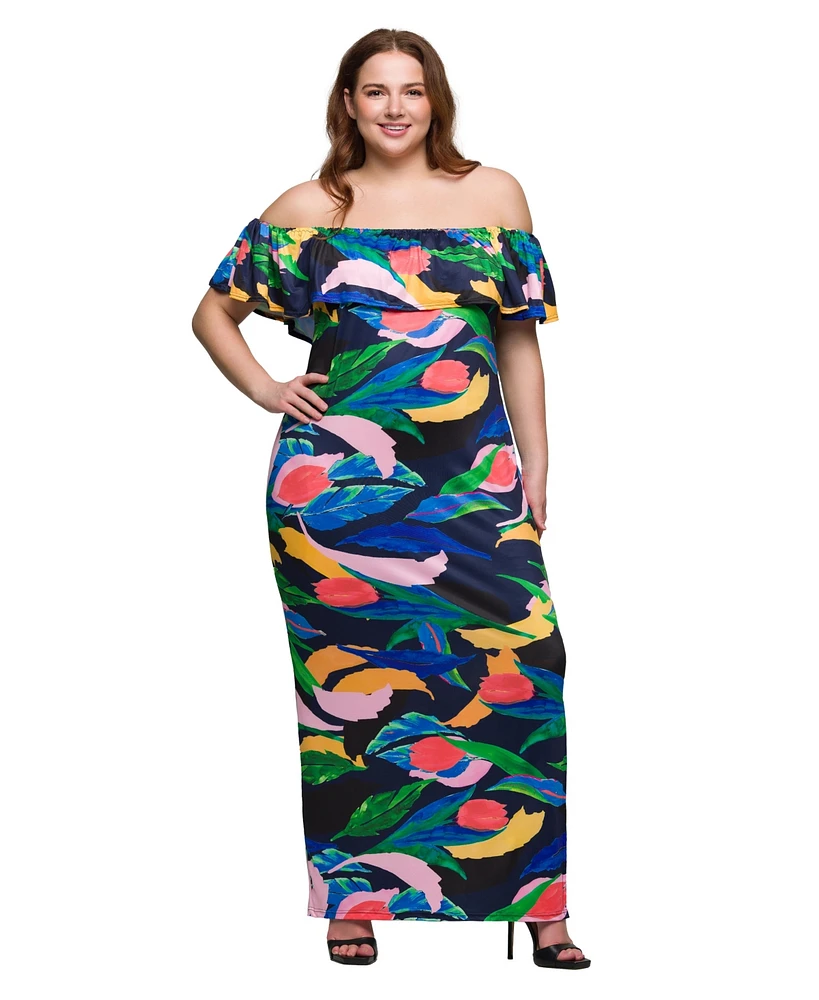 24seven Comfort Apparel Plus Off Shoulder Print Side Slit Maxi Dress
