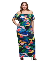 24seven Comfort Apparel Plus Off Shoulder Print Side Slit Maxi Dress
