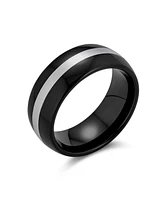 Bling Jewelry Simple Black Grey Inset Stripe Couples Titanium Band Ring Comfort Fit 8MM