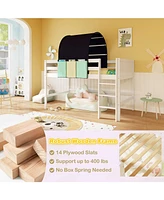 Twin Size Loft Bed Playhouse Bed Frame with Tower Tent and 3 Storage Pockets