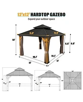 12x12 Ft Heavy-Duty Aluminum Hardtop Gazebo with Galvanized Steel Roof, Weather-Resistant Cedar Wood Outdoor Pavilion for Patio, Backyard