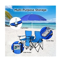 Foldable Camping Chair Outdoor Portable Picnic Double Chair with Umbrella Folding Beach Chair Backpacking Blue