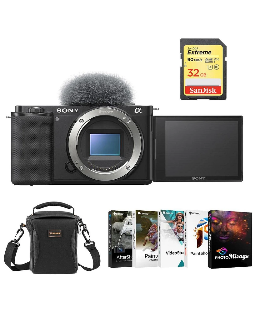 Sony Zv-E10 Mirrorless Camera, Black Bundle with Corel Pc Photo & Video Editing Software Suite, 32GB Sd Card, Shoulder Bag