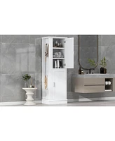 Tall Bathroom Storage Cabinet, Freestanding Storage Cabinet with Hook and Adjustable Shelf, Mdf Board, White