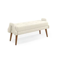 Modern Upholstered Bench with Looped Yarn Fabric, Soft Cushion, Geometric Armrests, and Rubber Wood Legs for Living Room, Bedroom, Entryway-The Po