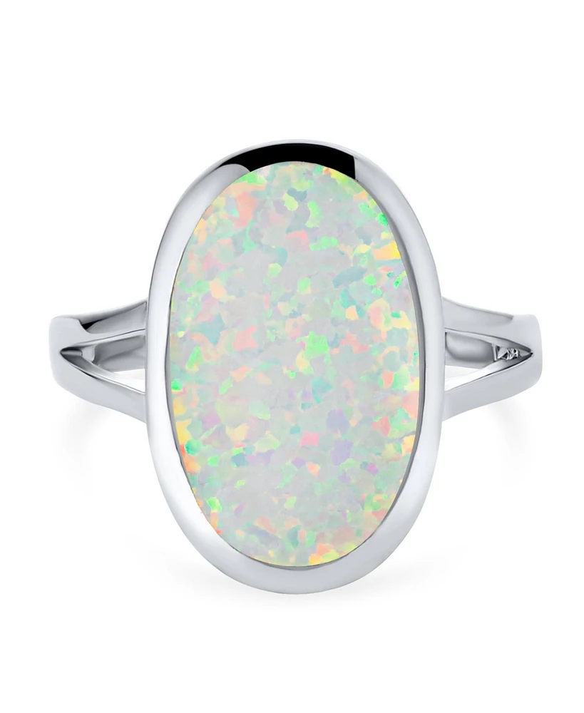 Bling Jewelry Boho Iridescent White Created Opal Big Oval Split Shank Statement Ring .925 Sterling Silver Rhodium Plating