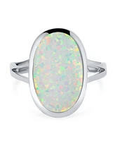 Bling Jewelry Boho Iridescent White Created Opal Big Oval Split Shank Statement Ring .925 Sterling Silver Rhodium Plating