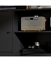 Black four-door Tv stand, media console with movable shelves, multi-purpose entertainment center