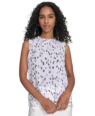 Calvin Klein Women's Printed Ruffled-Neck Sleeveless Blouse