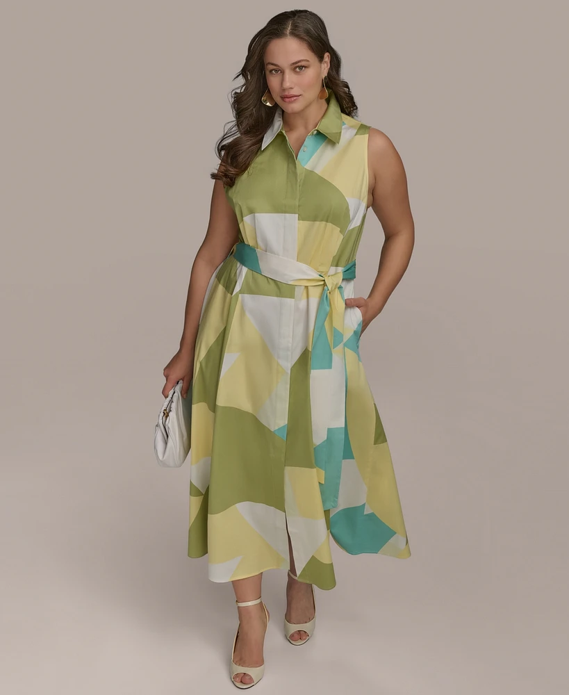 Donna Karan New York Plus Printed Tie-Waist Sleeveless Shirtdress