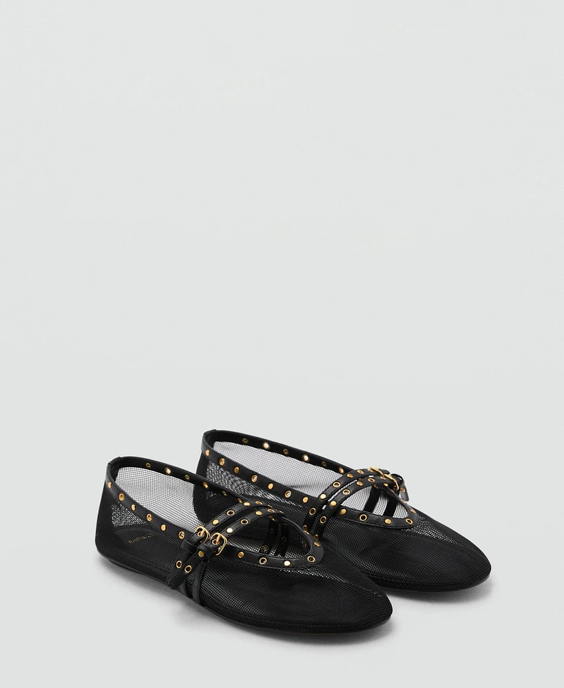 Mango Women's Strap and Buckle Detail Mesh Ballet Flats