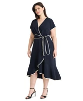 Maggy London Plus Contrast-Trim Tie-Waist Midi Dress