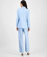 Anne Klein Womens Linen Blend Notch Lapel Button Front Blazer Ruffle Neck Sleeveless Blouse High Rise Press Pleat Pants
