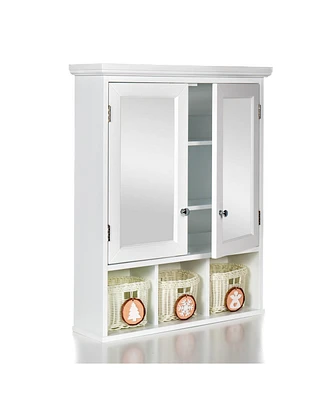 Bathroom Storage Cabinet, Medicine Cabinets for Bathroom with Mirror, 2 Doors 4 Adjustable Shelf + 3 Christmas Style Storage Basket, White Wood Cabine