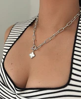 Adornia Silver White Mother of Pearl Flower Paper Clip Chain Toggle Necklace