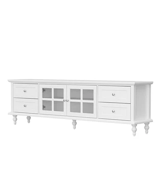 Tv stand with two doors and four drawers, media console with tempered glass and feet, wooden entertainment center