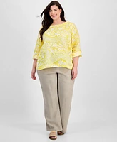 Charter Club Plus 100% Linen Printed Roll-Tab-Sleeve Top, Exclusively at Macy's