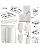 Complete Burlap-Texture Polyresin Bathroom Decor & Accessory Set with Shower Curtain, Shower Caddy Set & Bath Rugs