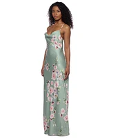 Alex & Sophia Juniors' Floral Satin Cowlneck Gown