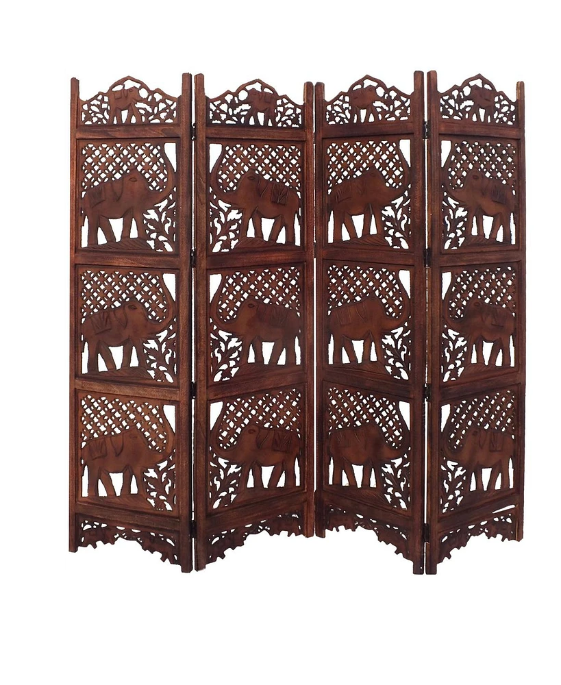 Hand-Carved Elephant Design Foldable 4-Panel Room Divider for Unique Space Separation and Style