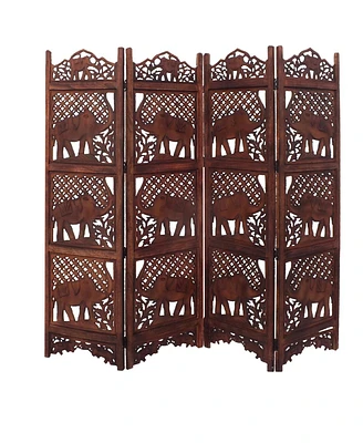 Hand-Carved Elephant Design Foldable 4-Panel Room Divider for Unique Space Separation and Style