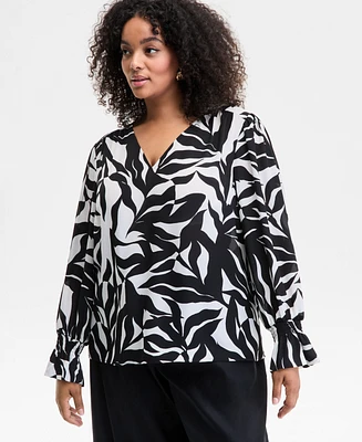 I.n.c. International Concepts Plus Leaf-Print Bell-Sleeve Top, Exclusively at Macy's