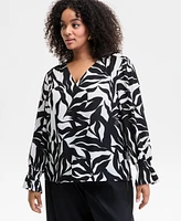 I.n.c. International Concepts Plus Leaf-Print Bell-Sleeve Top, Exclusively at Macy's