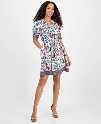 julia jordan Women's Printed Tie-Neck Short-Puff-Sleeve Dresss