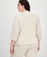 Kasper Plus Zip-Pocket Cuffed 3/4-Sleeve Blazer