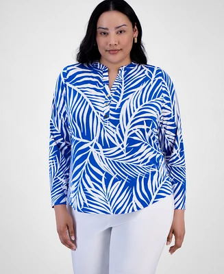 I.n.c. International Concepts Plus Printed Long-Sleeve Top, Exclusively at Macy's