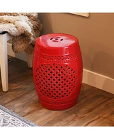 Marrakesh Ceramic Garden Stool Side Table with Lattice Design - Indoor or Outdoor 17.75-Inch Red Glazed Finish