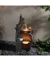 LuxenHome Rain Barrel with Tree and Birds 2.5-Feet Tall Outdoor Polyresin Fountains with Light