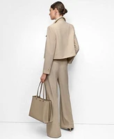 Dkny Womens Seersucker Square Neck Bustier Top Seersucker Button Front Cropped Jacket Seersucker High Rise Wide Leg Pants