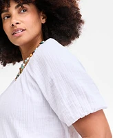 On 34th Plus Cotton Gauze Scoop-Neck Puff-Sleeve Top, Exclusively at Macy's