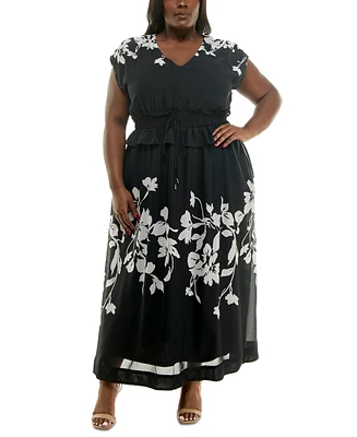 Taylor Plus Printed V-Neck Smocked-Waist Maxi Dress