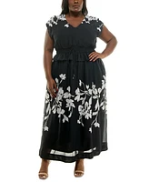 Taylor Plus Printed V-Neck Smocked-Waist Maxi Dress