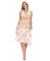 London Times Women's V-Neck Sleeveless Smocked-Waist Dress