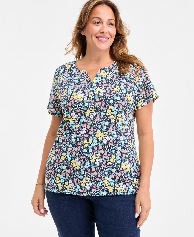 Style & Co Plus Printed Henley Short-Sleeve Top