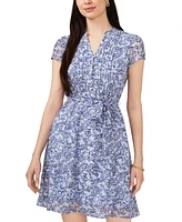 Msk Petite Printed Tie-Waist Short-Sleeve Dress