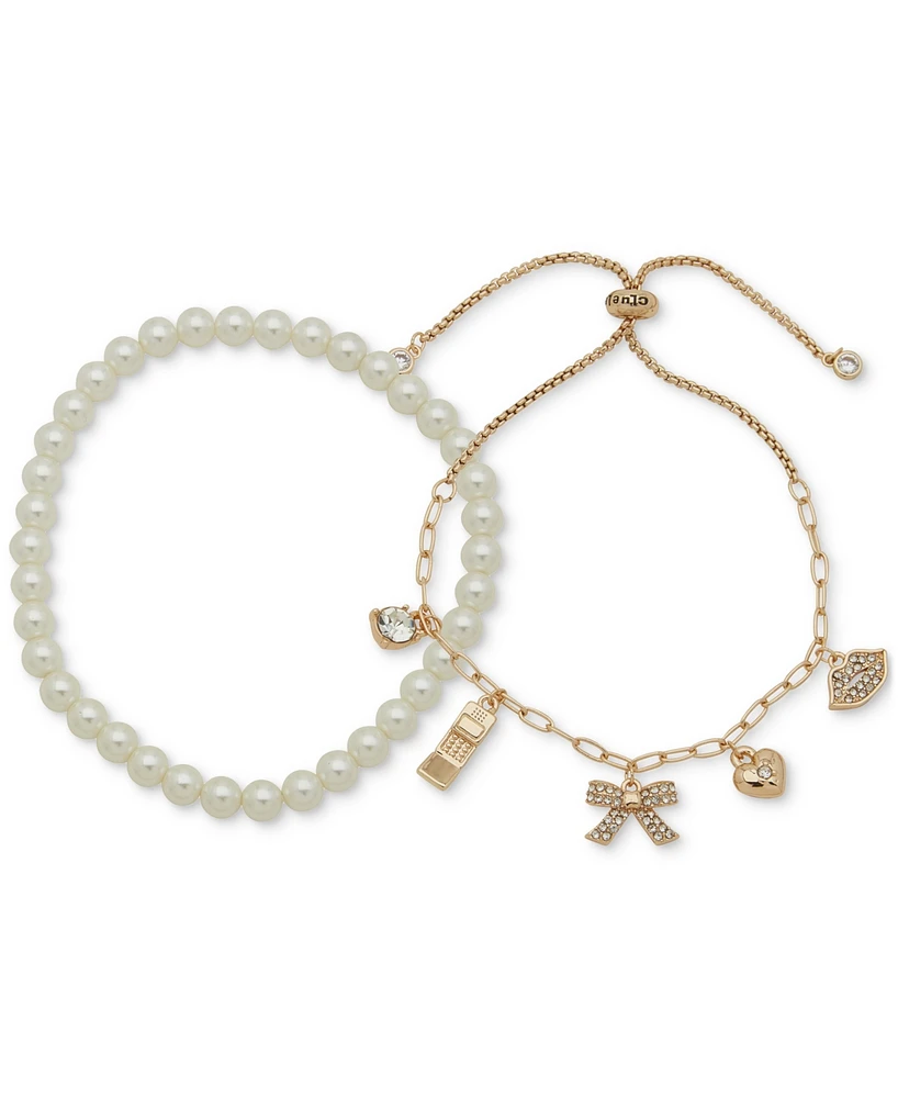 Clueless Gold-Tone 2-Pc. Set Crystal Charm Slider & Imitation Pearl Beaded Stretch Bracelets