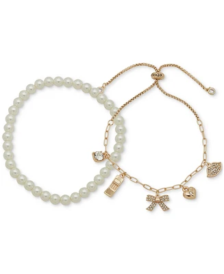 Clueless Gold-Tone 2-Pc. Set Crystal Charm Slider & Imitation Pearl Beaded Stretch Bracelets